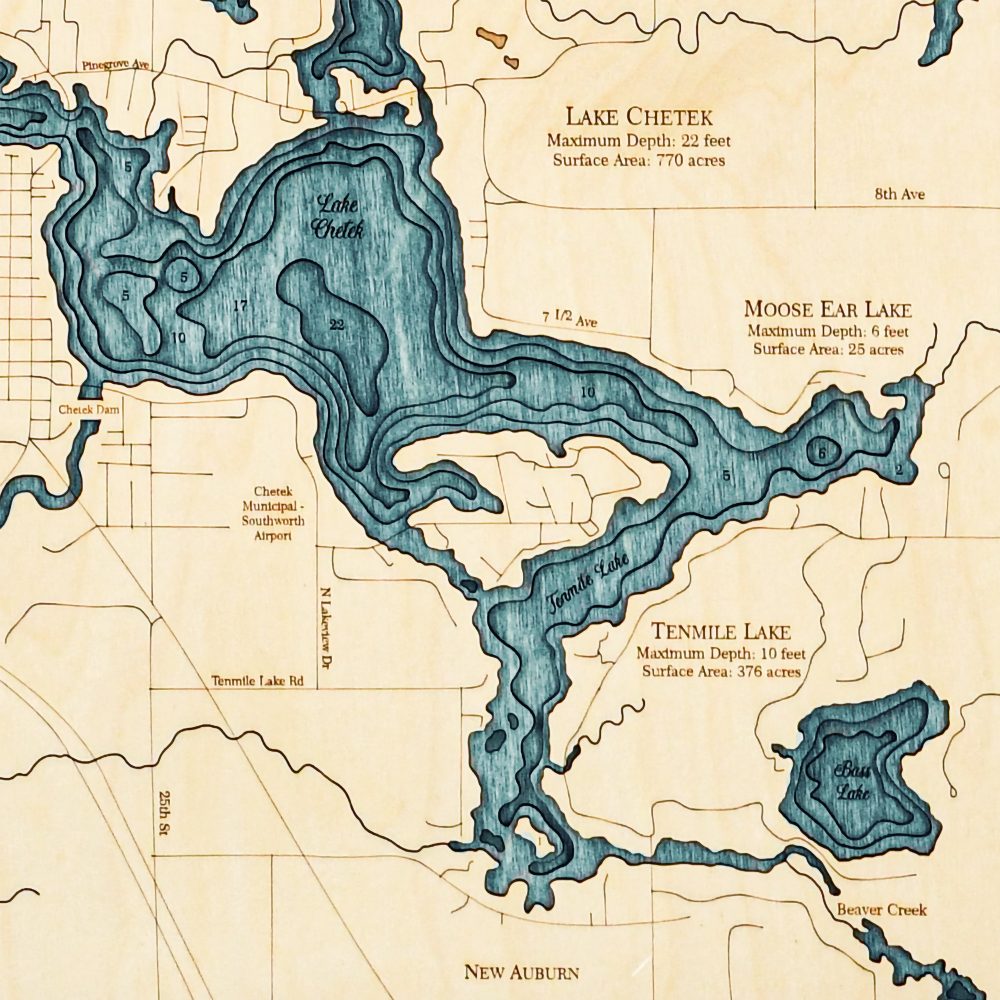 Chetek Chain Nautical Map Wall Art Oak Accent Blue Green Water Detail Shot 3