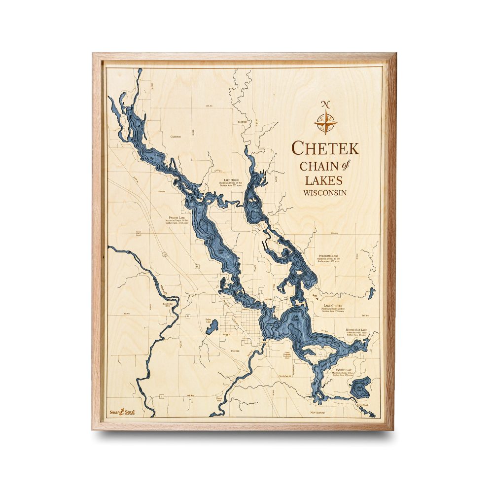 Chetek Chain Nautical Map Wall Art Oak Accent Deep Blue Water