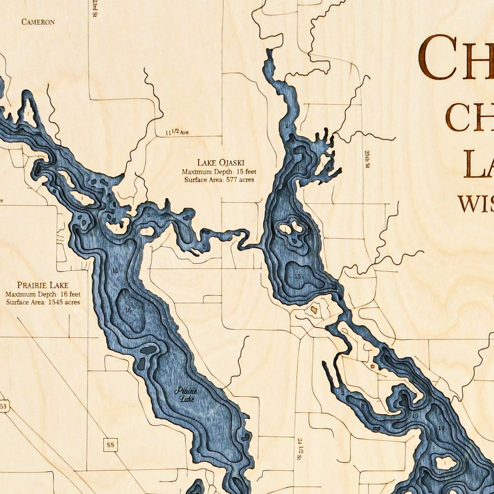 Chetek Chain Nautical Map Wall Art Oak Accent Deep Blue Water Detail Shot 1