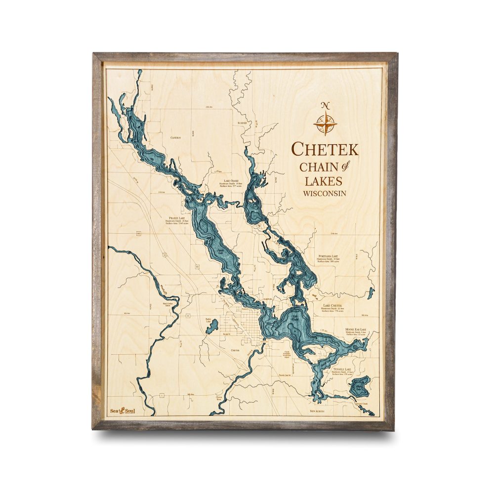 Chetek Chain Nautical Map Wall Art Rustic Pine Accent with Blue Green Water