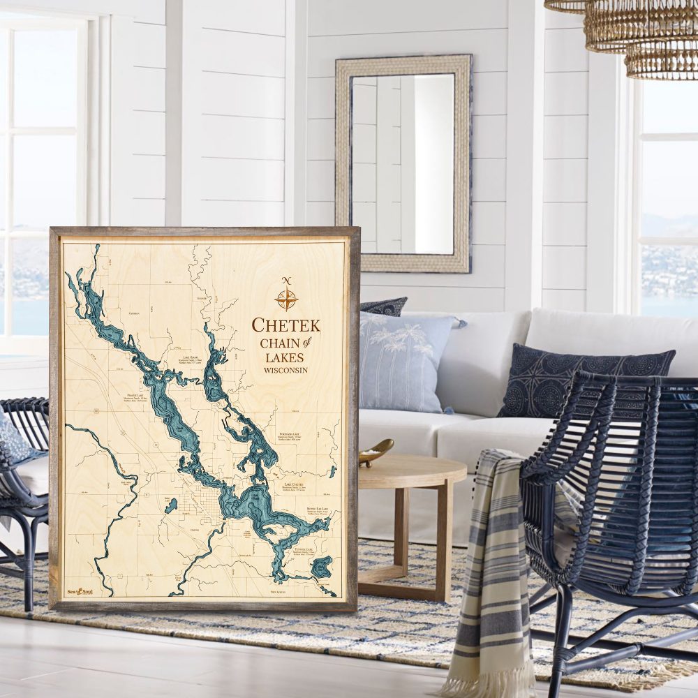 Chetek Chain Nautical Map Wall Art Rustic Pine Accent with Blue Green Water Sitting by Coffee Table and Couch