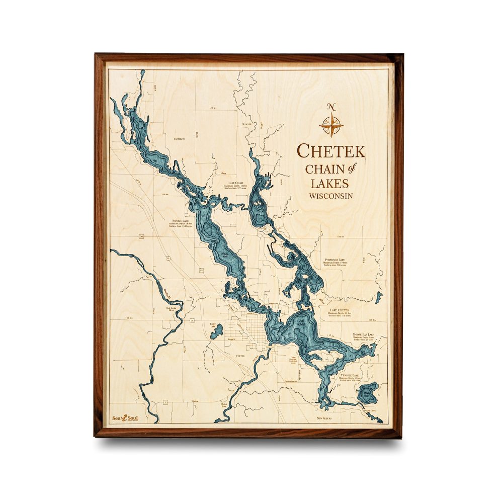 Chetek Chain Nautical Map Wall Art Walnut Accent with Blue Green Water