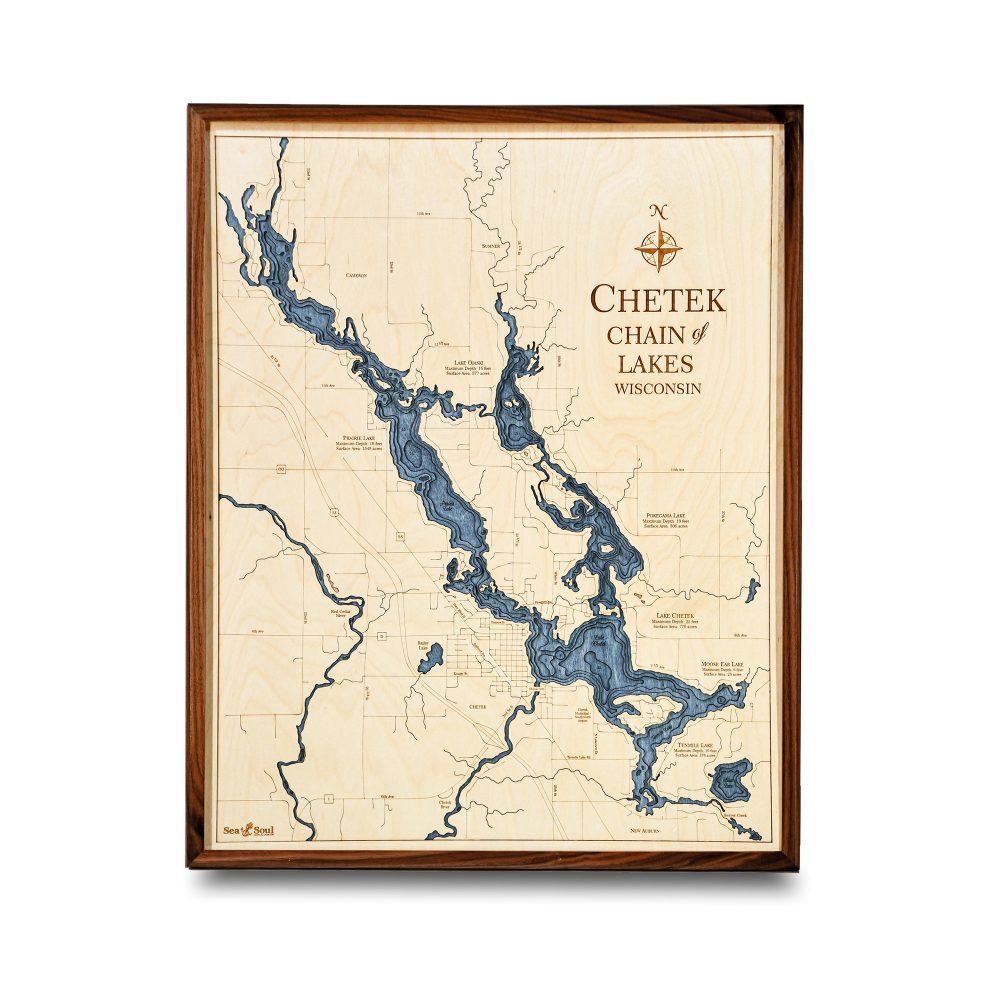 Chetek Chain Nautical Map Wall Art Walnut Accent with Deep Blue Water