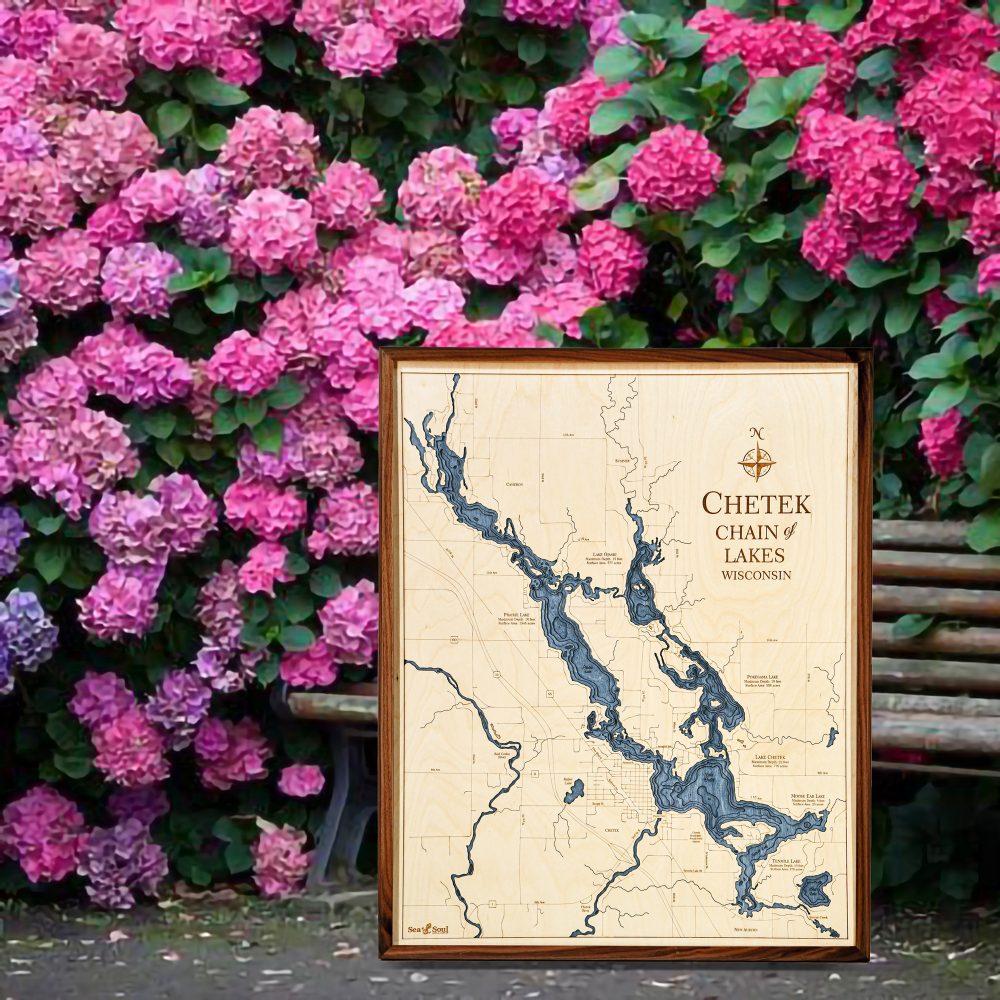 Chetek Chain Nautical Map Wall Art Walnut Accent with Deep Blue Water Sitting Outdoors by Bench and Flowers