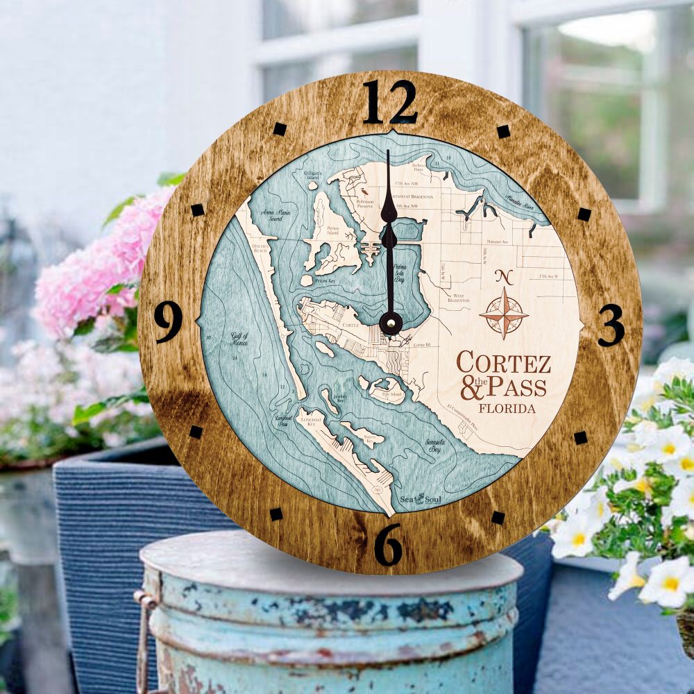 Cortez and Pass Nautical Map Wall Art Americana Accent with Blue Green Water Sitting on Bucket Outdoors by Flowers