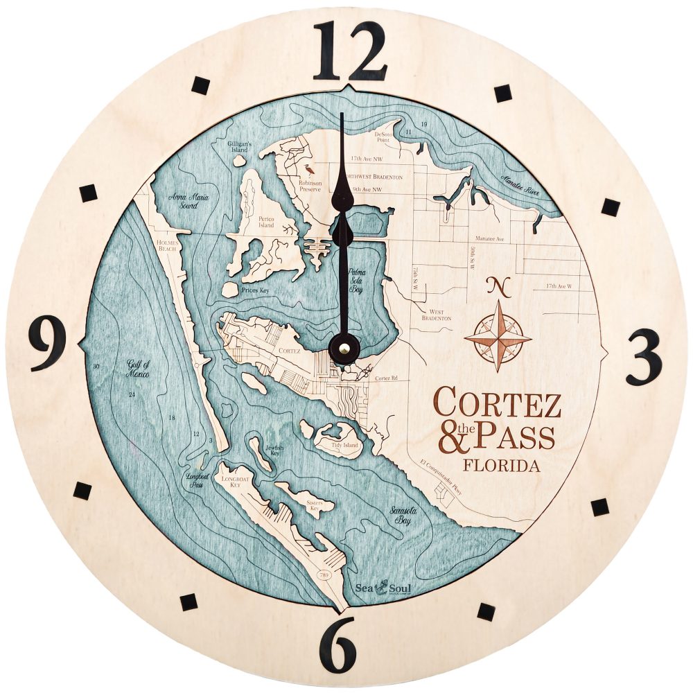 Cortez and Pass Nautical Map Wall Clock Birch Accent with Blue Green Water