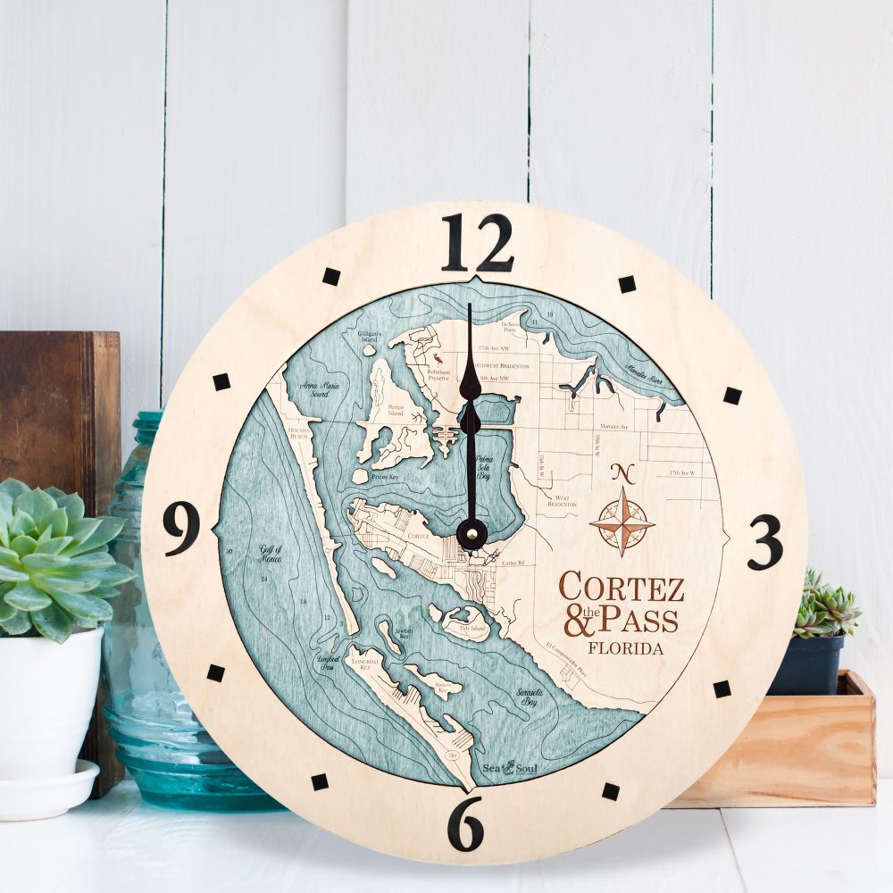 Cortez and Pass Nautical Map Wall Clock Birch Accent with Blue Green Water Sitting by Succulents