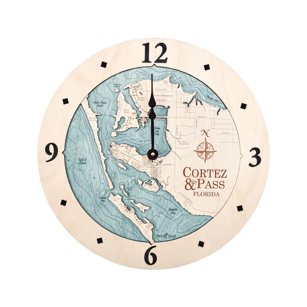 Cortez and Pass Nautical Map Wall Clock Birch Accent with Blue Green Water