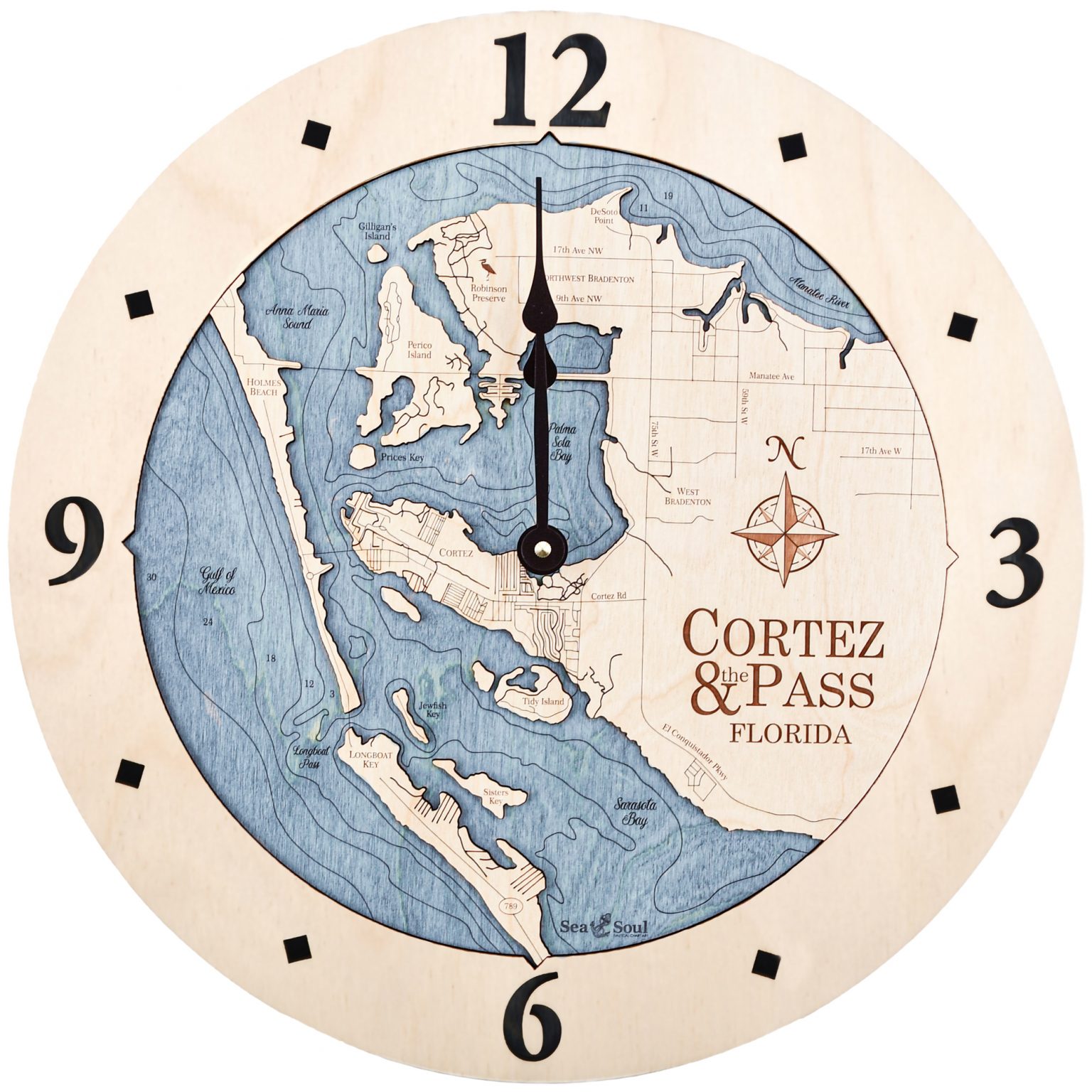 24" Cortez and Pass Nautical Map Clock Sea and Soul Charts