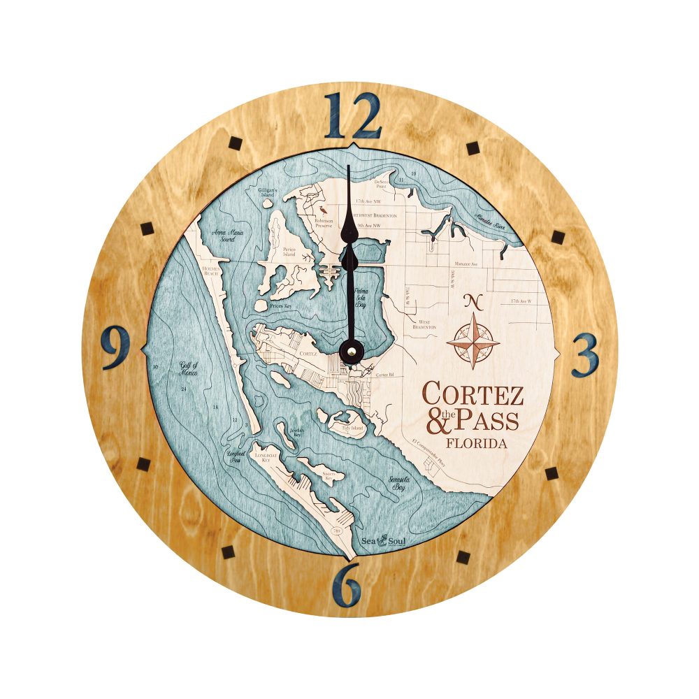 Cortez and Pass Nautical Map Wall Clock Honey Accent with Blue Green Water