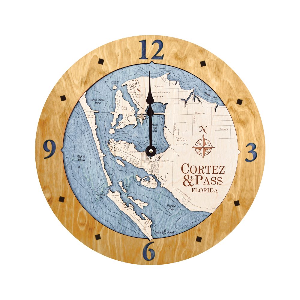 Cortez and Pass Nautical Map Wall Clock Honey Accent with Deep Blue Water