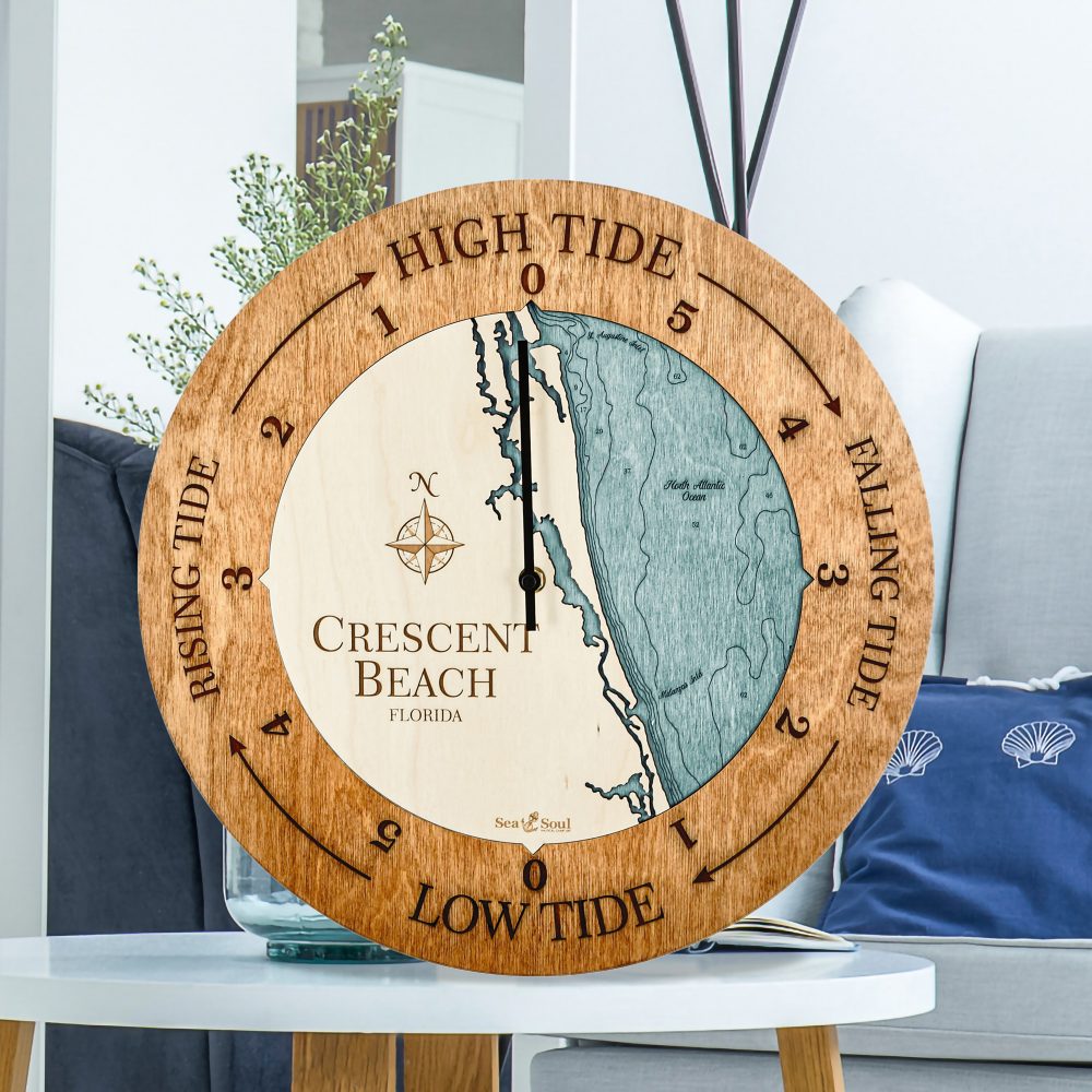 Crescent Beach Tide Clock Americana Accent with Blue Green Water Sitting on Coffee Table