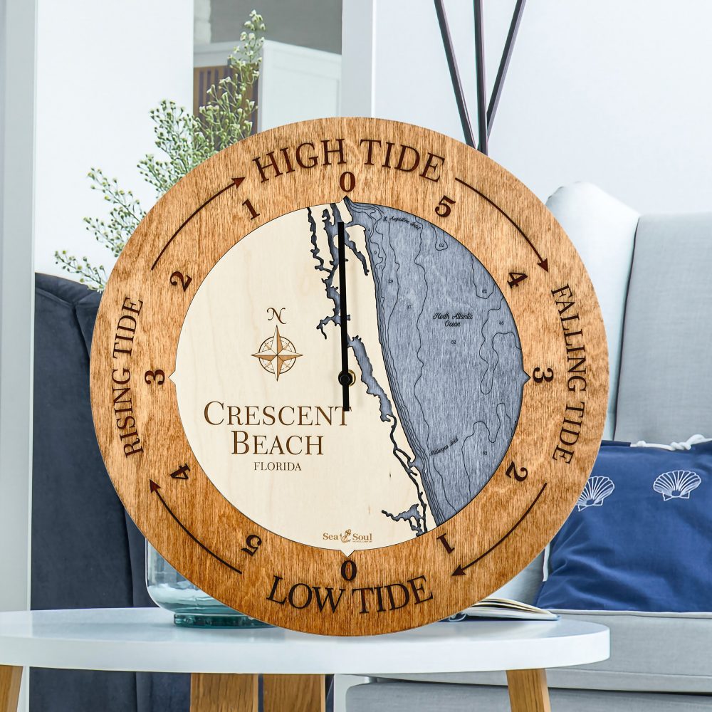 Crescent Beach Tide Clock Americana Accent with Deep Blue Water Sitting on Coffee Table