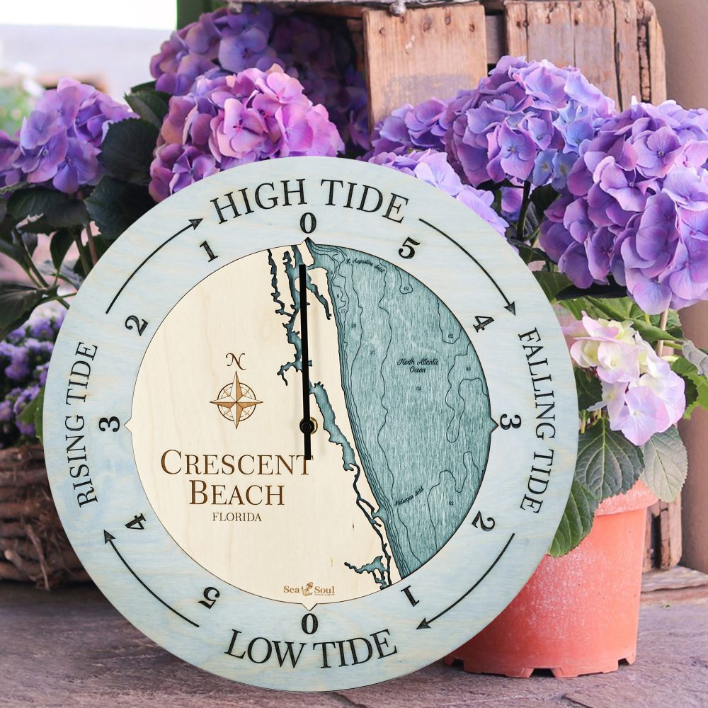 Crescent Beach Tide Clock Bleach Blue Accent with Blue Green Water Sitting Outside by Flower Pots