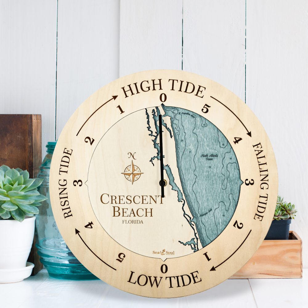 Crescent Beach Tide Clock Birch Accent with Blue Green Water Sitting by Succulents