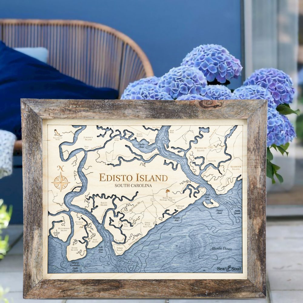 Edisto Island Nautical Wall Art Rustic Pine Accent with Deep Blue Water Sitting by Flower Pot on Outdoor Porch