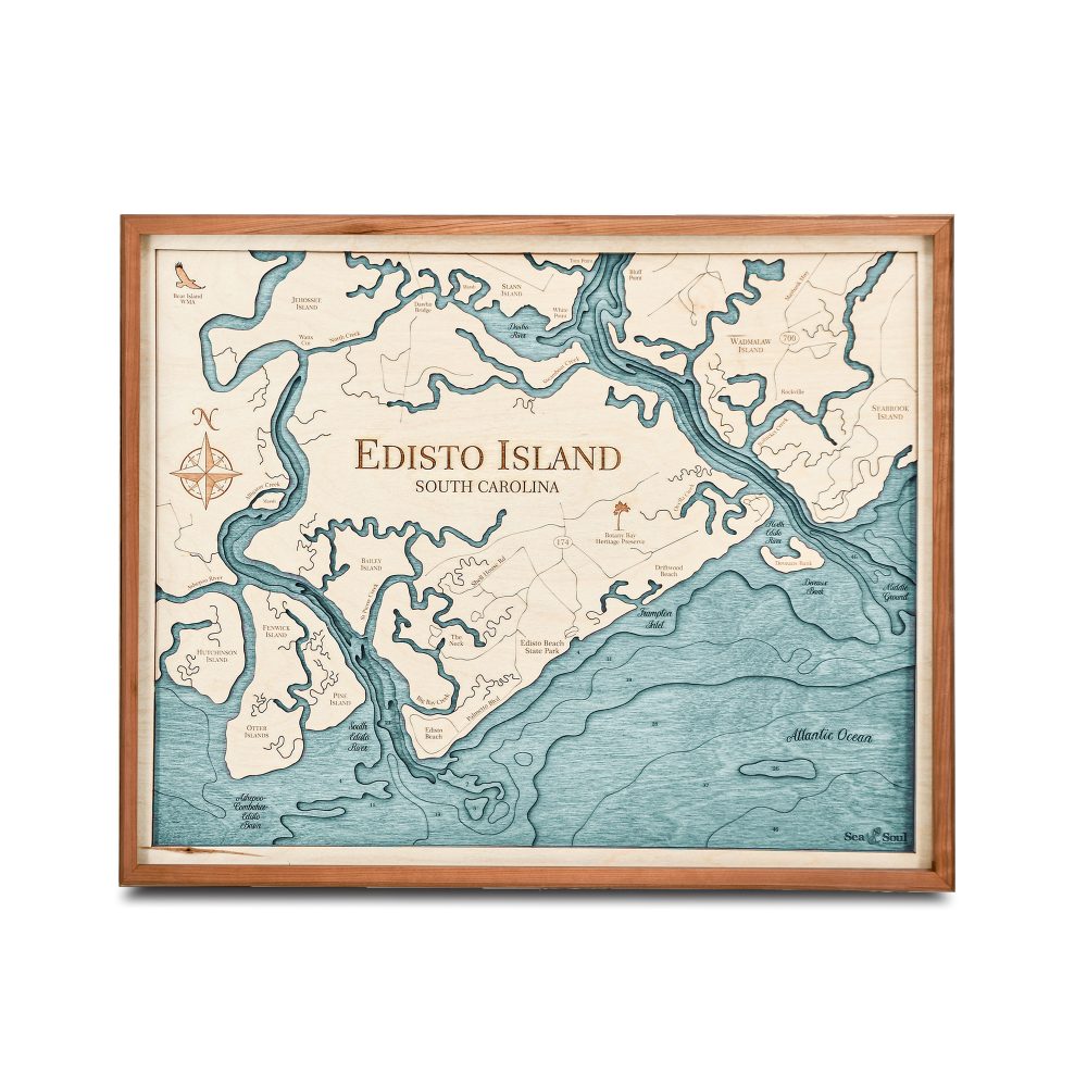 Edisto Island Nautical Map Wall Art Cherry Accent with Blue Green Water
