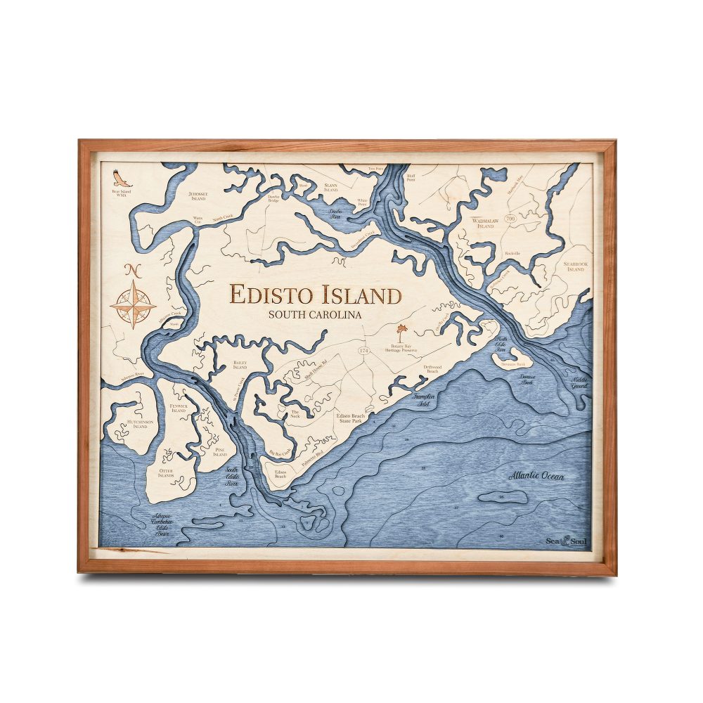 Edisto Island Nautical Map Wall Art Cherry Accent with Deep Blue Water