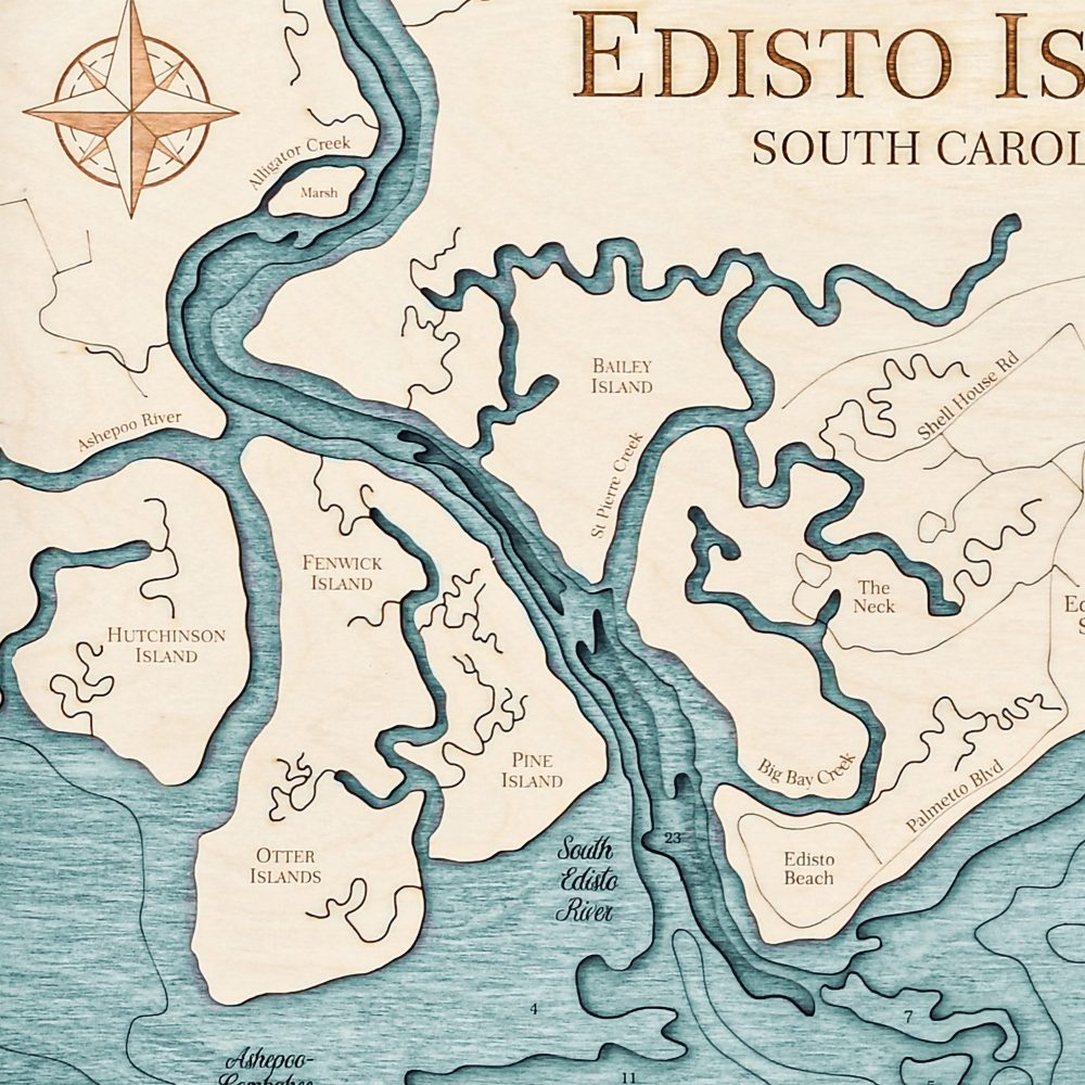 Edisto Island Nautical Map Wall Art Oak Accent with Blue Green Water Detail Shot 1