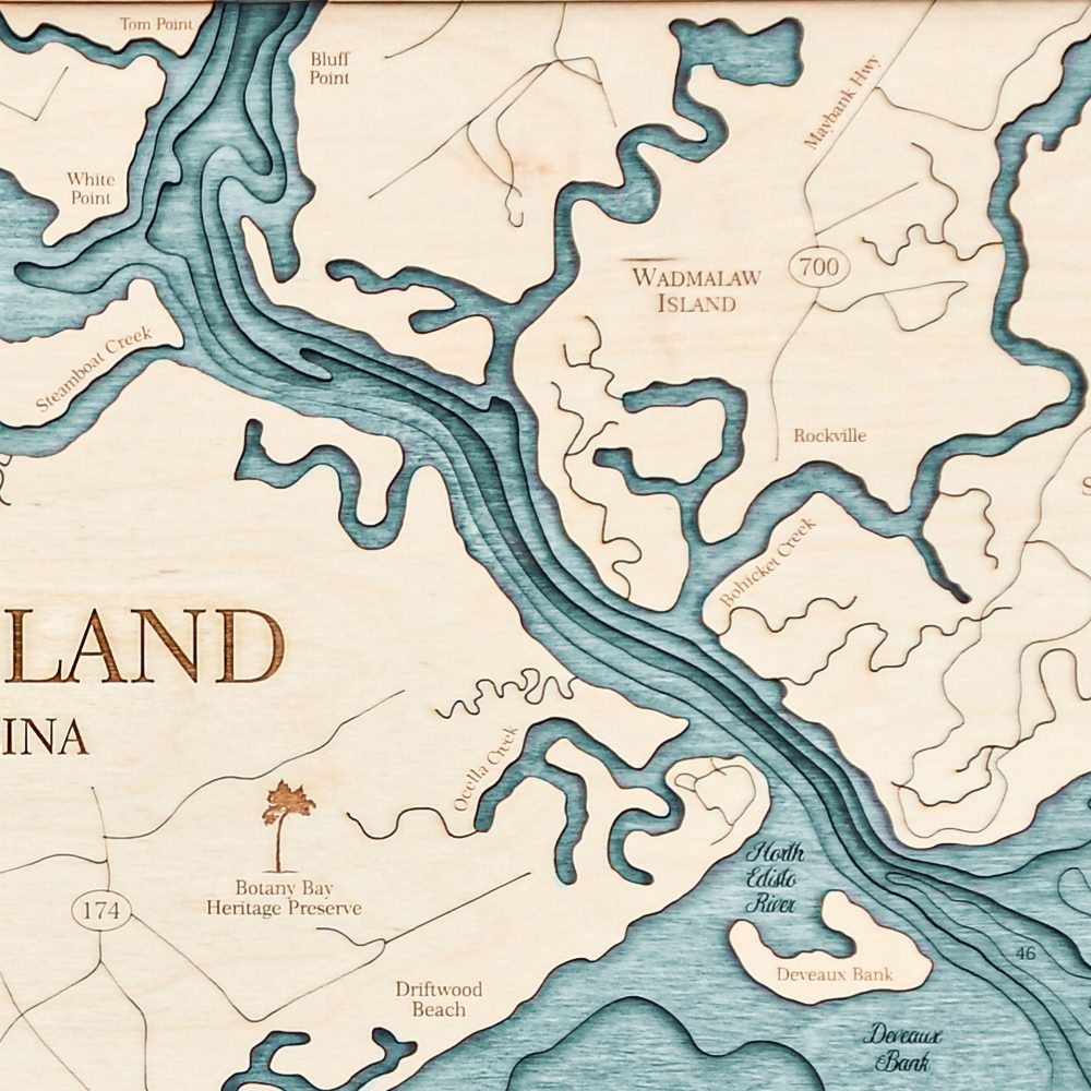Edisto Island Nautical Map Wall Art Oak Accent with Blue Green Water Detail Shot 2