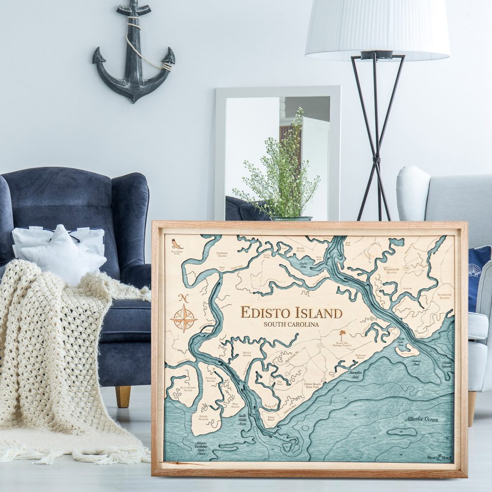 Edisto Island Nautical Map Wall Art Oak Accent with Blue Green Water Sitting in Living Room by Armchairs