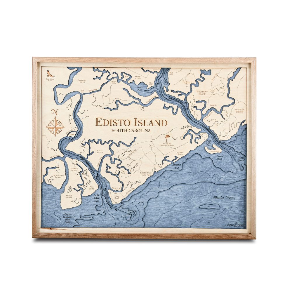 Edisto Island Nautical Map Wall Art Oak Accent with Deep Blue Water