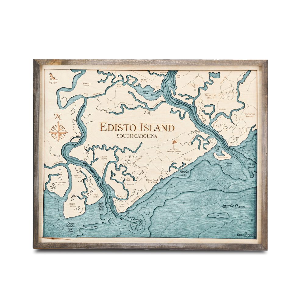 Edisto Island Nautical Map Wall Art Rustic Pine Accent with Blue Green Water
