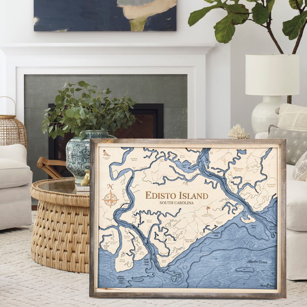 Edisto Island Nautical Map Wall Art Rustic Pine Accent with Deep Blue Water Sitting in Living Room by Couch and Coffee Table