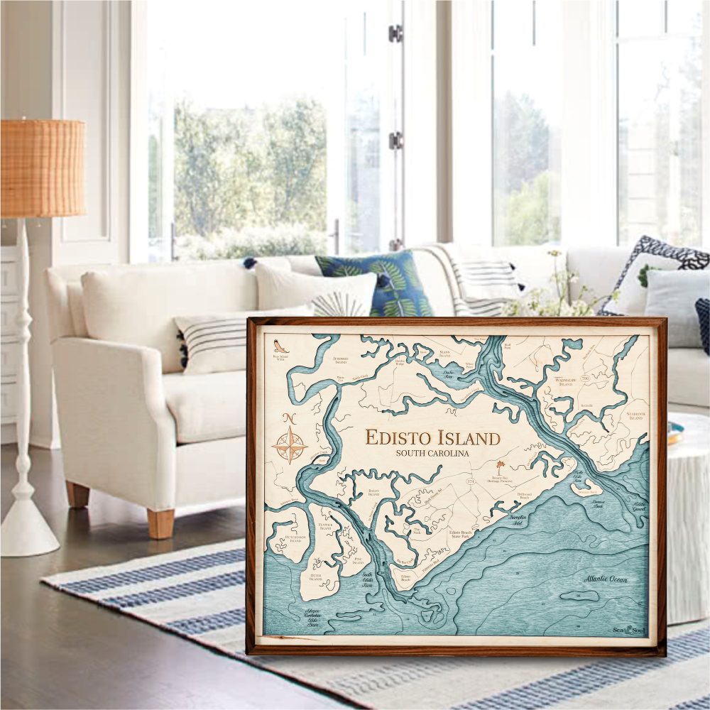 Edisto Island Nautical Map Wall Art Walnut Accent with Blue Green Water Sitting in Living Room by Coffee Table