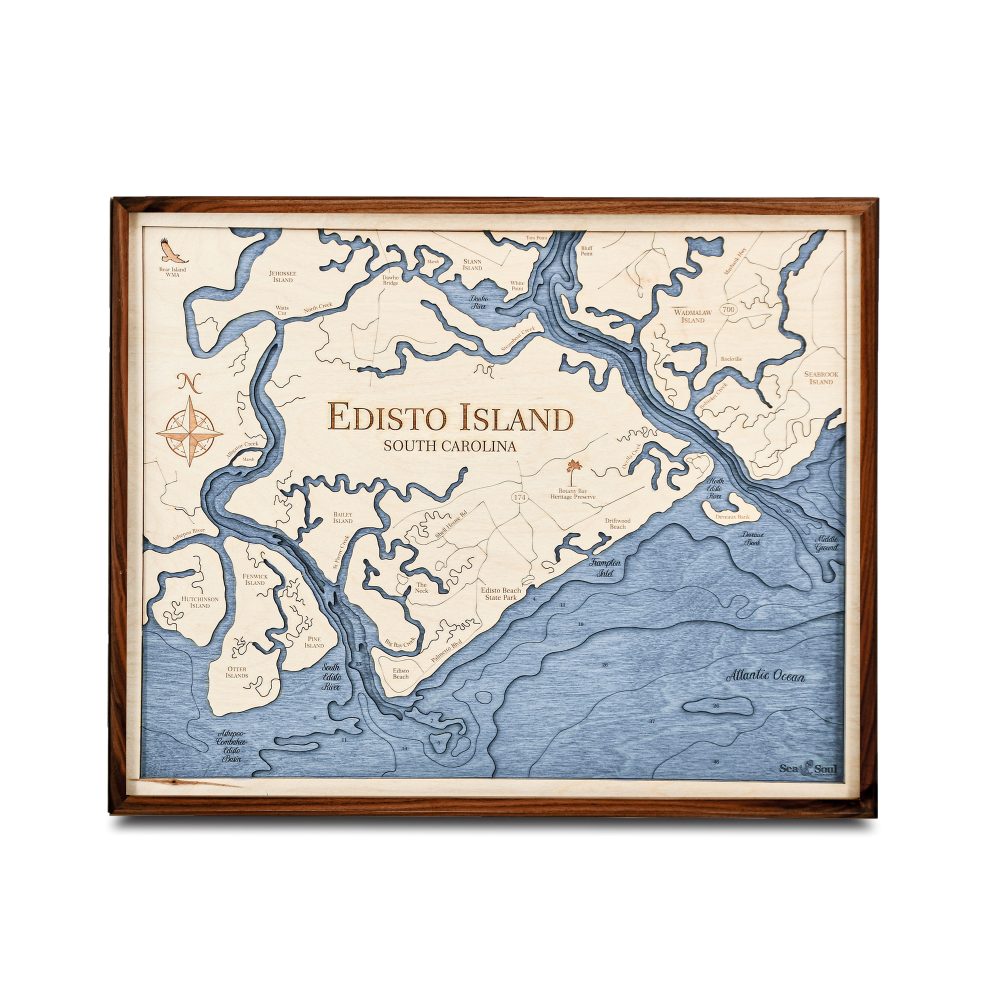 Edisto Island Nautical Map Wall Art Walnut Accent with Deep Blue Water