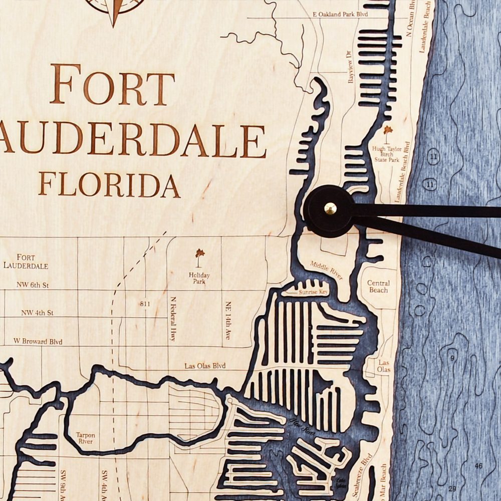 Fort Lauderdale Nautical Map Wall Art Birch Accent with Deep Blue Water Detail Shot 1