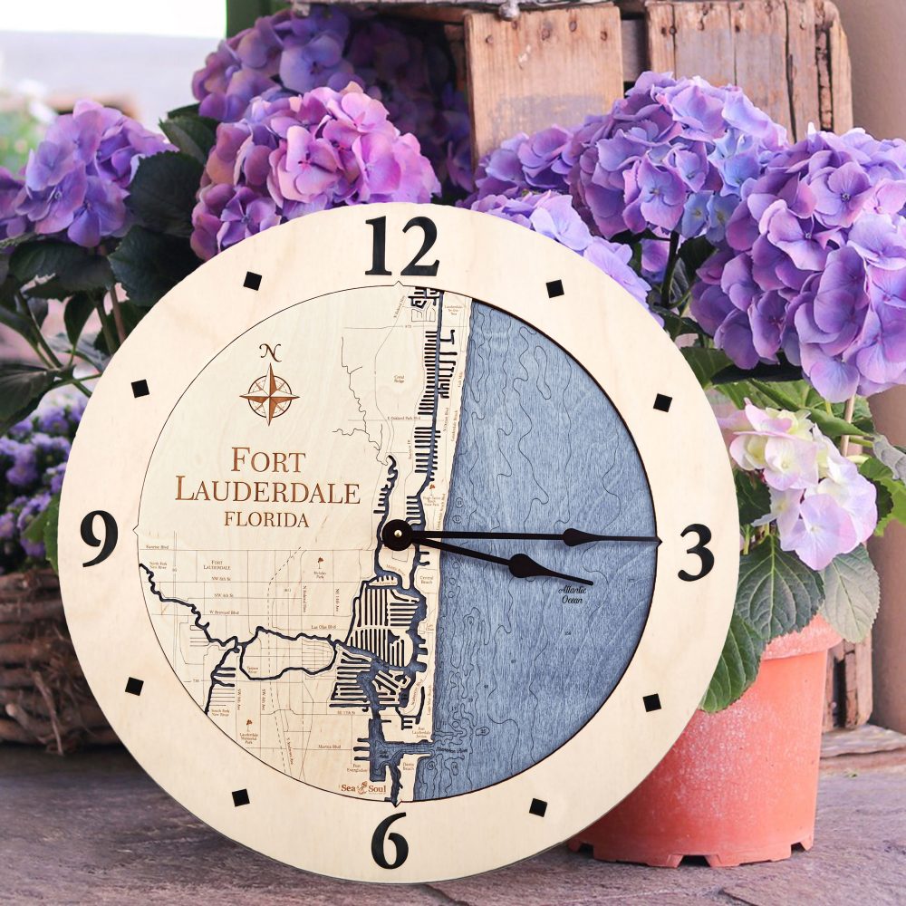 Fort Lauderdale Nautical Map Wall Art Birch Accent with Deep Blue Water Sitting on Ground by Flowers