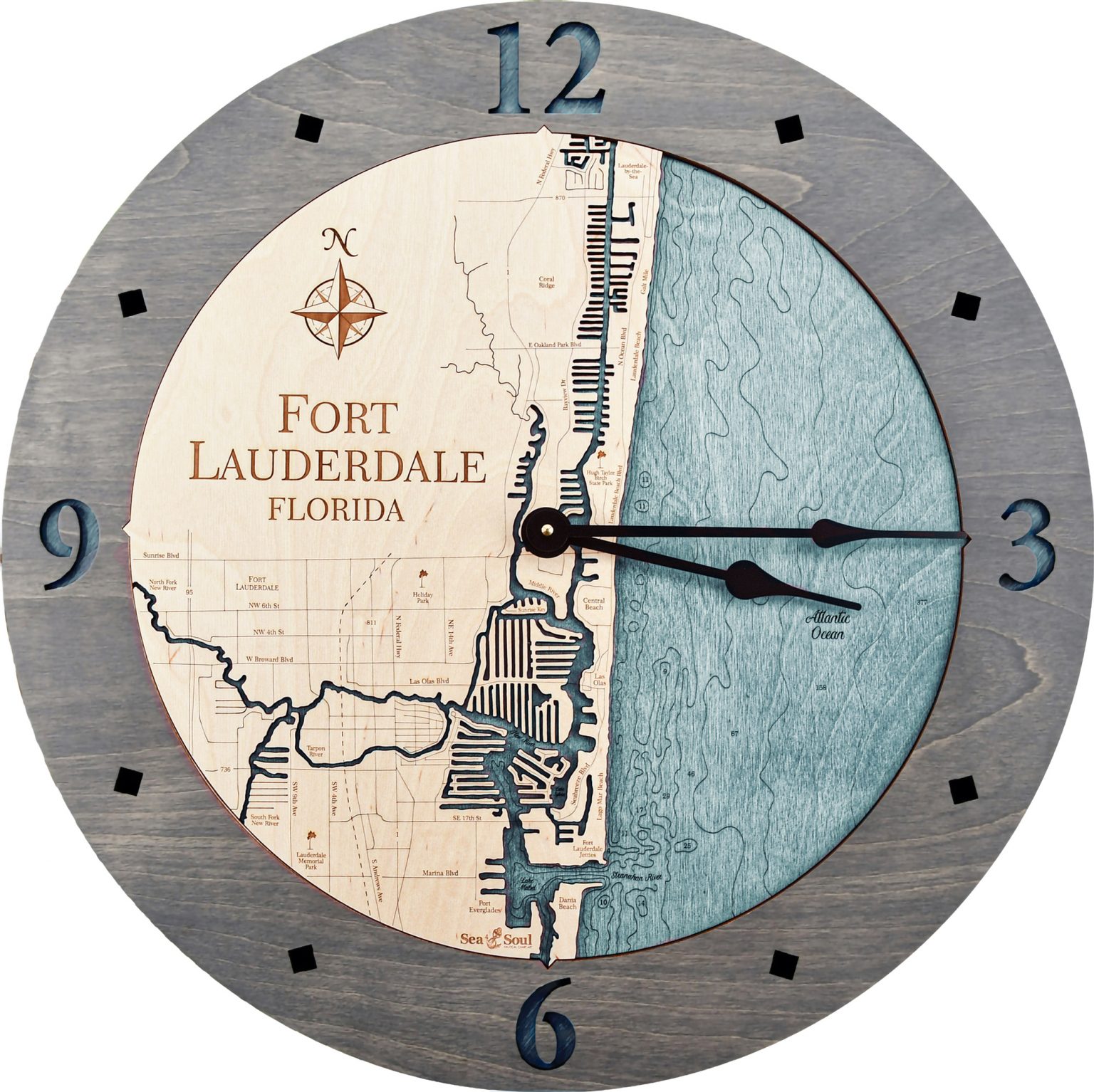 24" Fort Lauderdale Nautical Map Clock Sea and Soul Charts