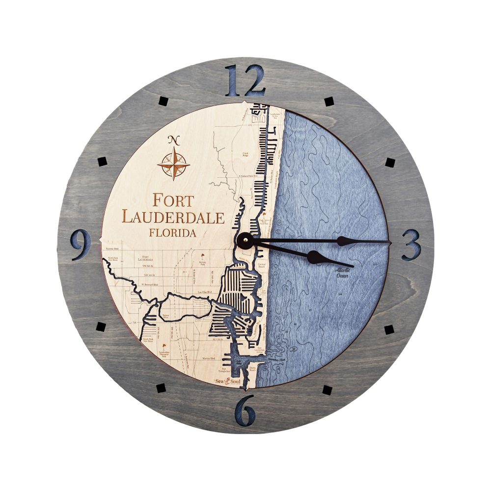 Fort Lauderdale Nautical Map Wall Art Driftwood Accent with Deep Blue Water