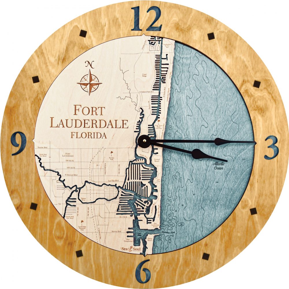 Fort Lauderdale Nautical Map Wall Art Honey Accent with Blue Green Water Product Shot