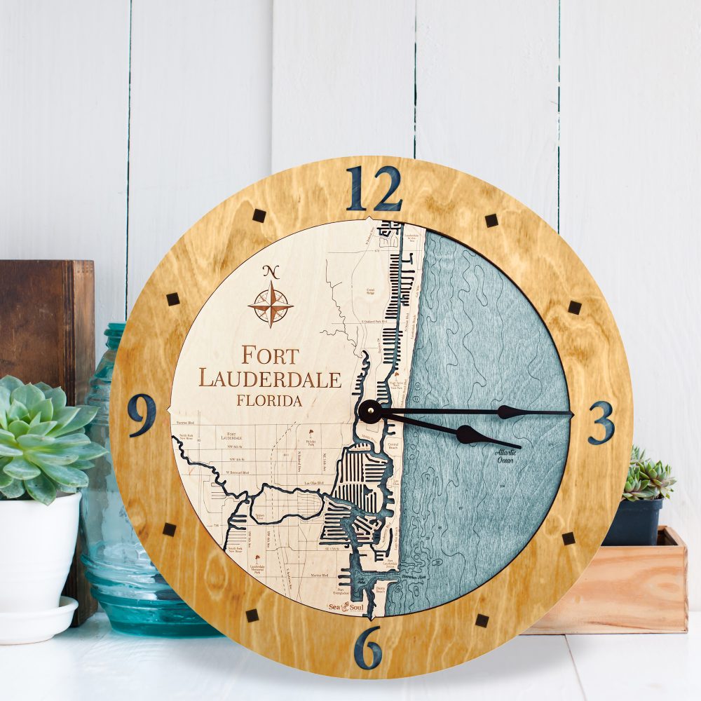 Fort Lauderdale Nautical Map Wall Art Honey Accent with Blue Green Water Sitting by Succulents