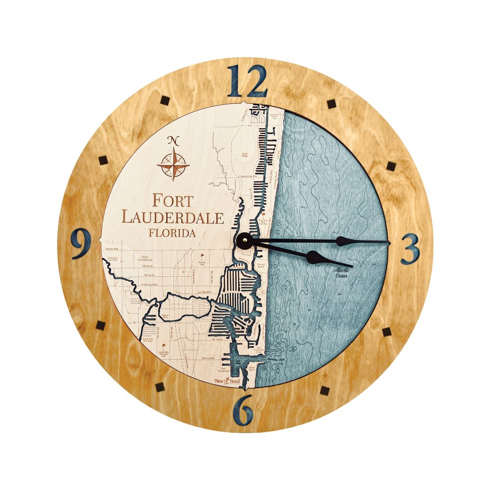 Fort Lauderdale Nautical Map Wall Art Honey Accent with Blue Green Water