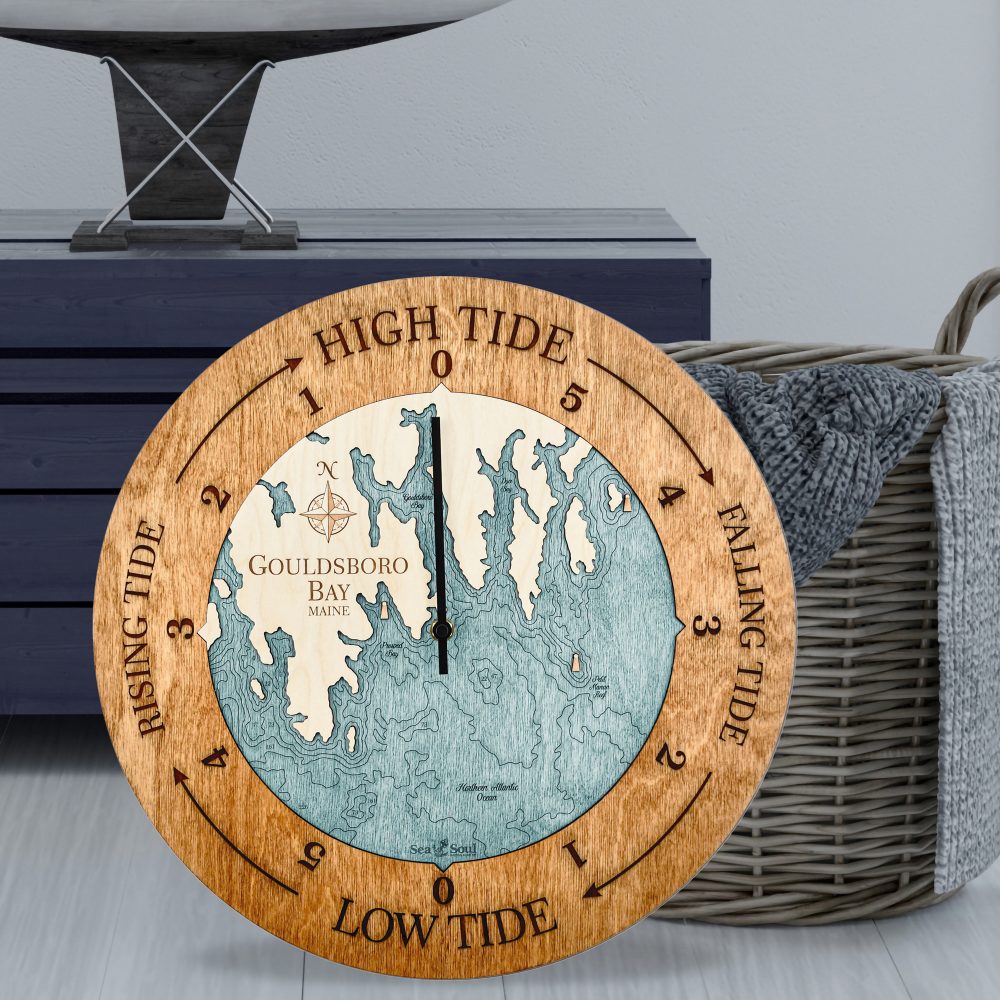 Gouldsboro Bay Tide Clock Americana Accent with Blue Green Water Sitting on Ground by Basket