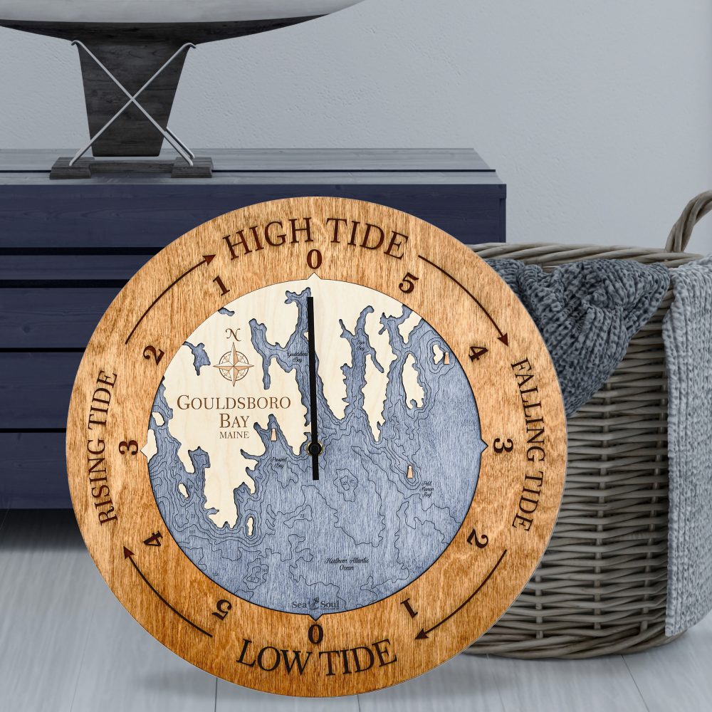 Gouldsboro Bay Tide Clock Americana Accent with Deep Blue Water Sitting on Ground by Basket