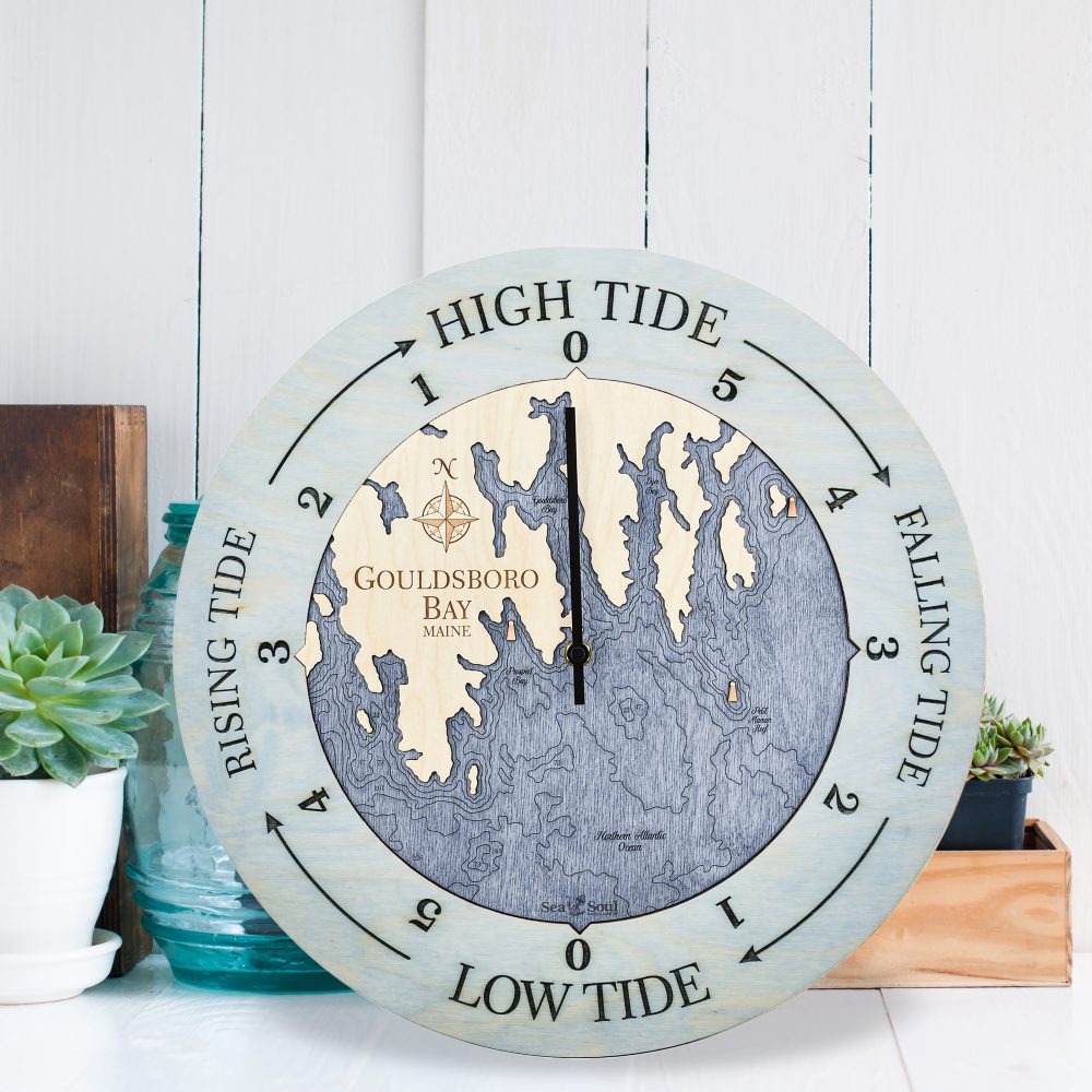 Gouldsboro Bay Tide Clock Bleach Blue Accent with Deep Blue Water Sitting by Succulents