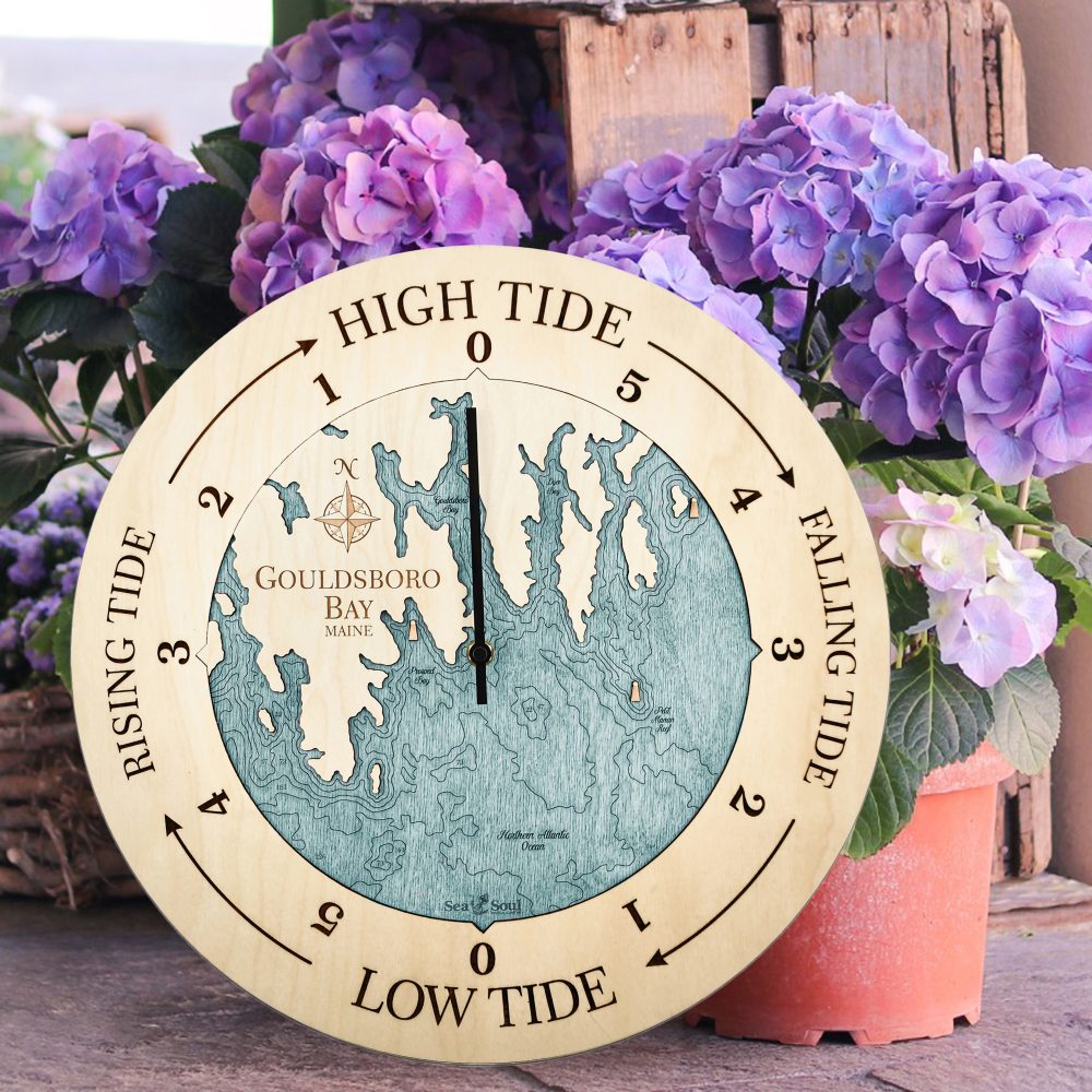 Gouldsboro Bay Tide Clock Birch Accent with Blue Green Water Sitting on Ground by Flower Pots