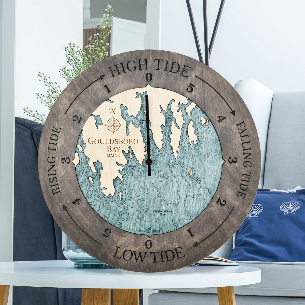 Gouldsboro Bay Tide Clock Driftwood Accent with Blue Green Water Sitting on Coffee Table