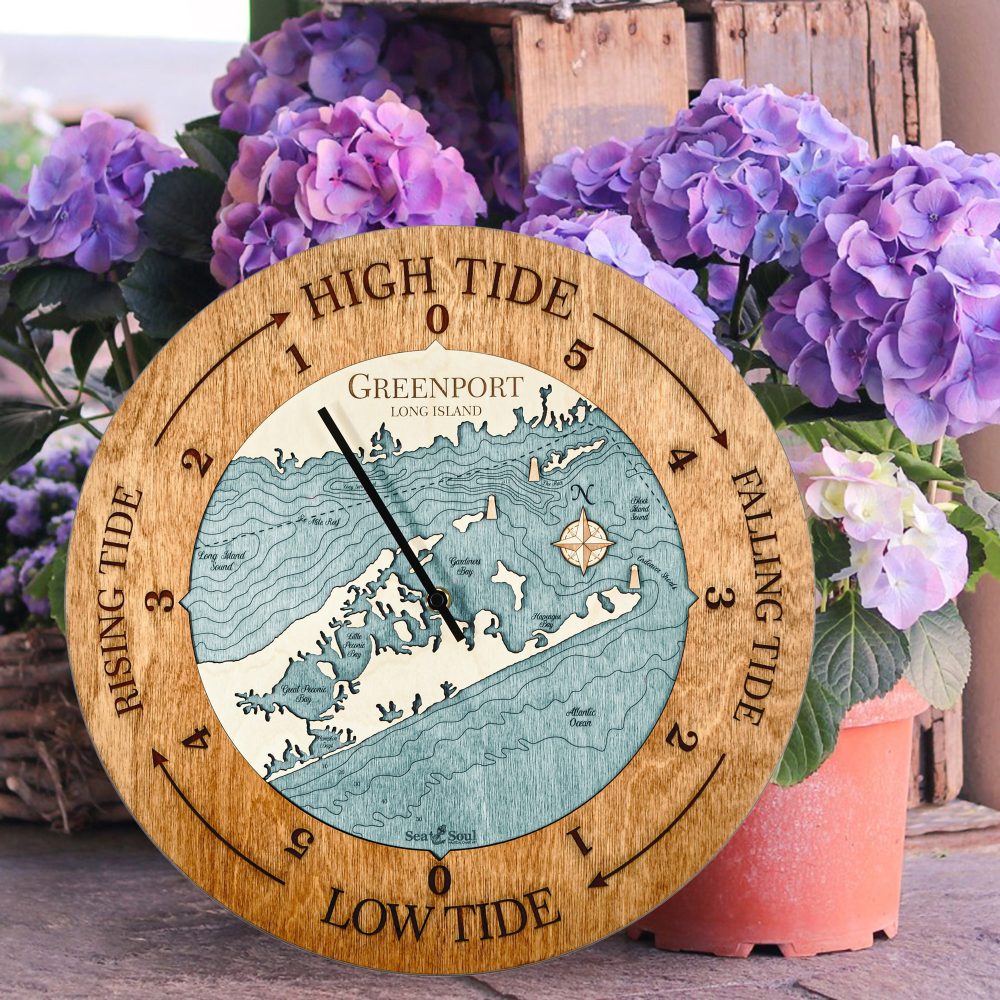 Greenport Tide Clock Americana Accent with Blue Green Water Sitting on Ground by Flower Pots