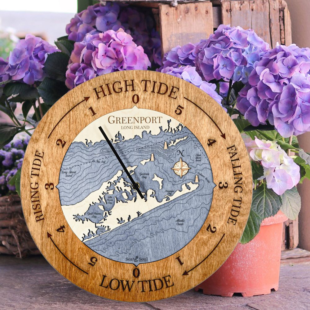 Greenport Tide Clock Americana Accent with Deep Blue Water Sitting on Ground by Flower Pots