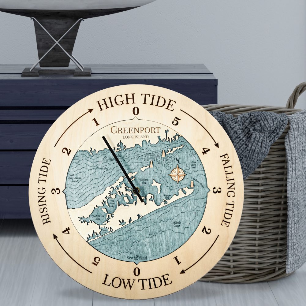 Greenport Tide Clock Birch Accent with Blue Green Water Sitting on Ground by Basket