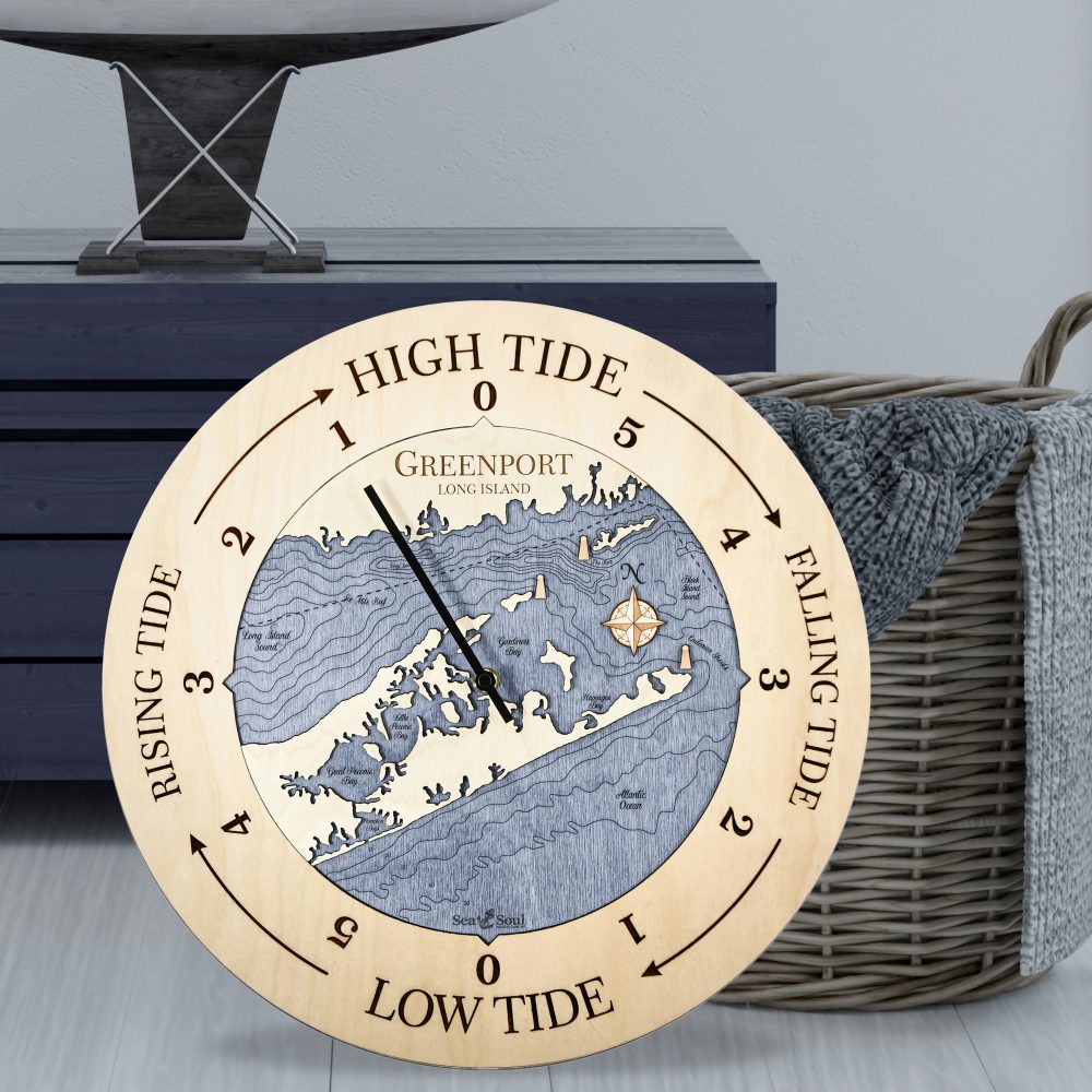 Greenport Tide Clock Birch Accent with Deep Blue Water Sitting on Ground by Basket
