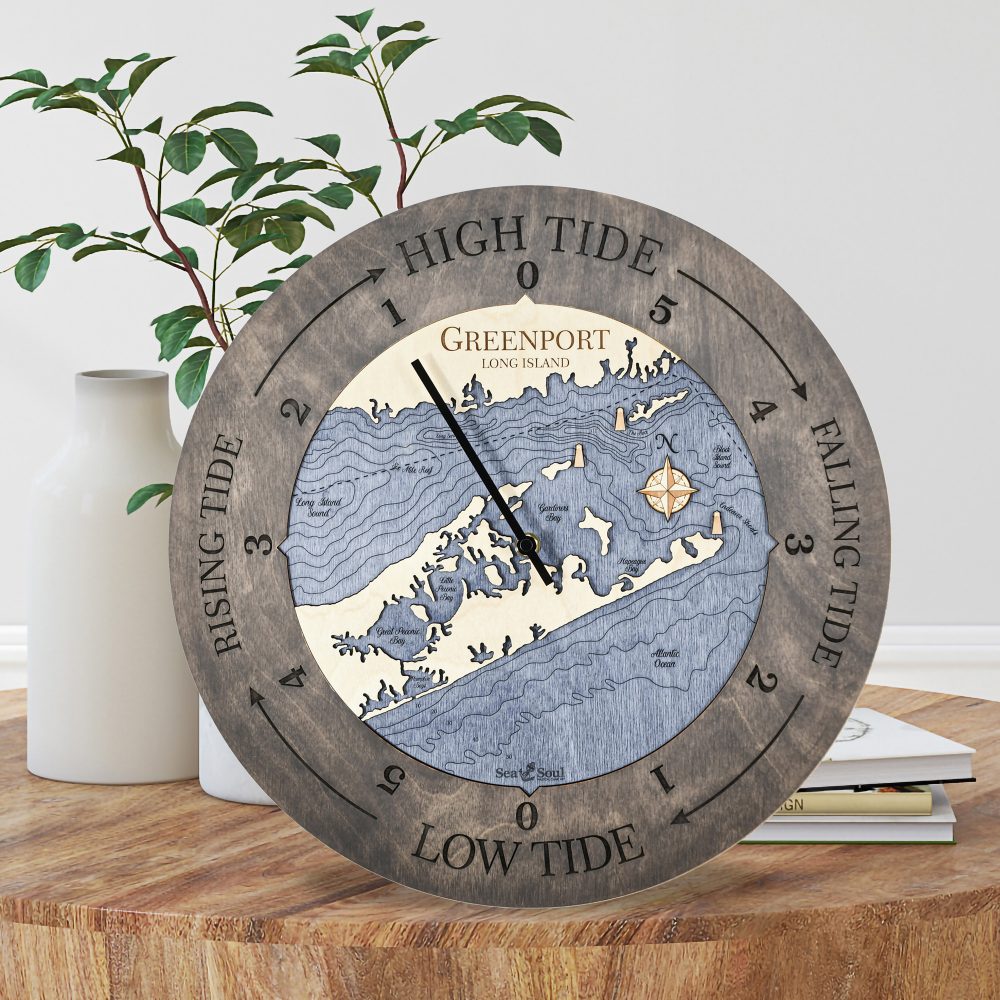 Greenport Tide Clock Driftwood Accent with Deep Blue Water Sitting on Coffee Table by Books and Vases