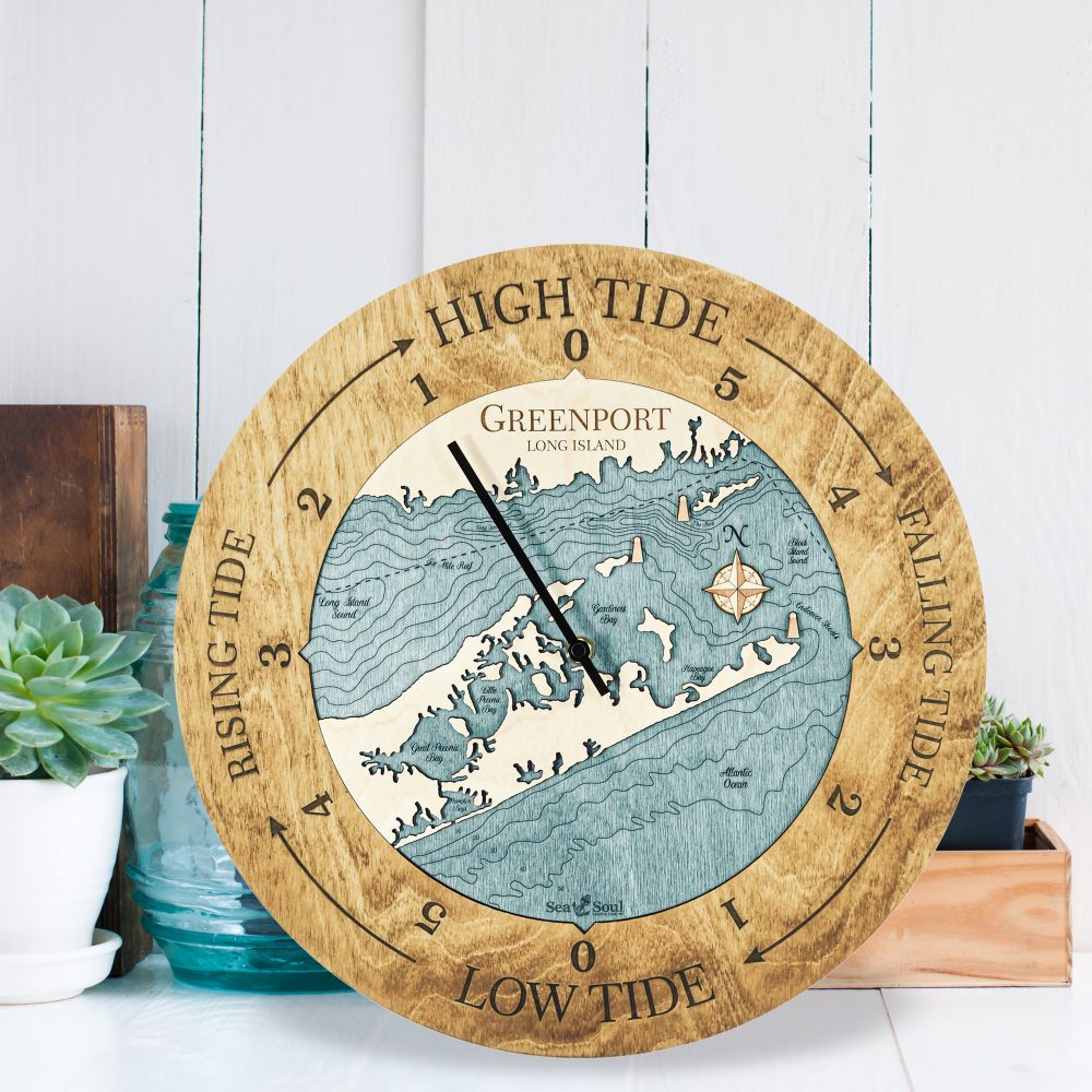 Greenport Tide Clock Honey Accent with Blue Green Water Sitting by Succulents