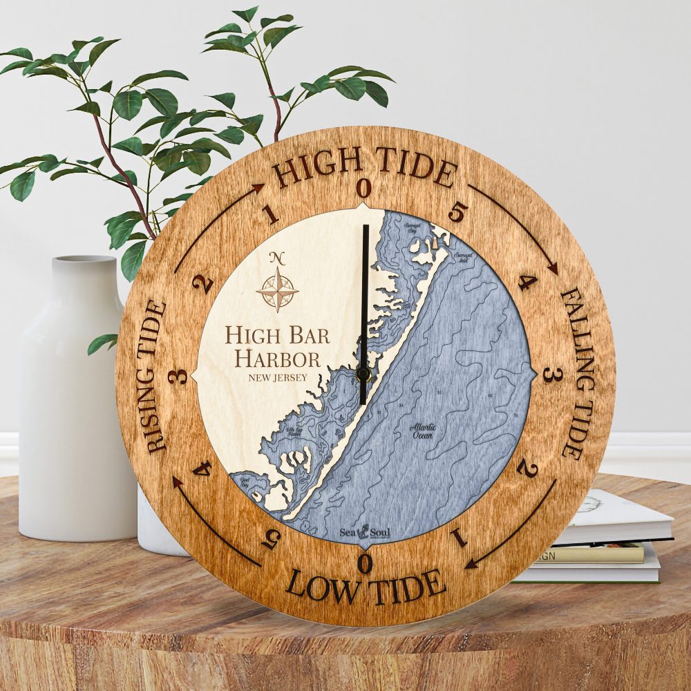 High Bar Harbor Tide Clock Americana Accent with Deep Blue Water Sitting Coffee Table Books and Vases