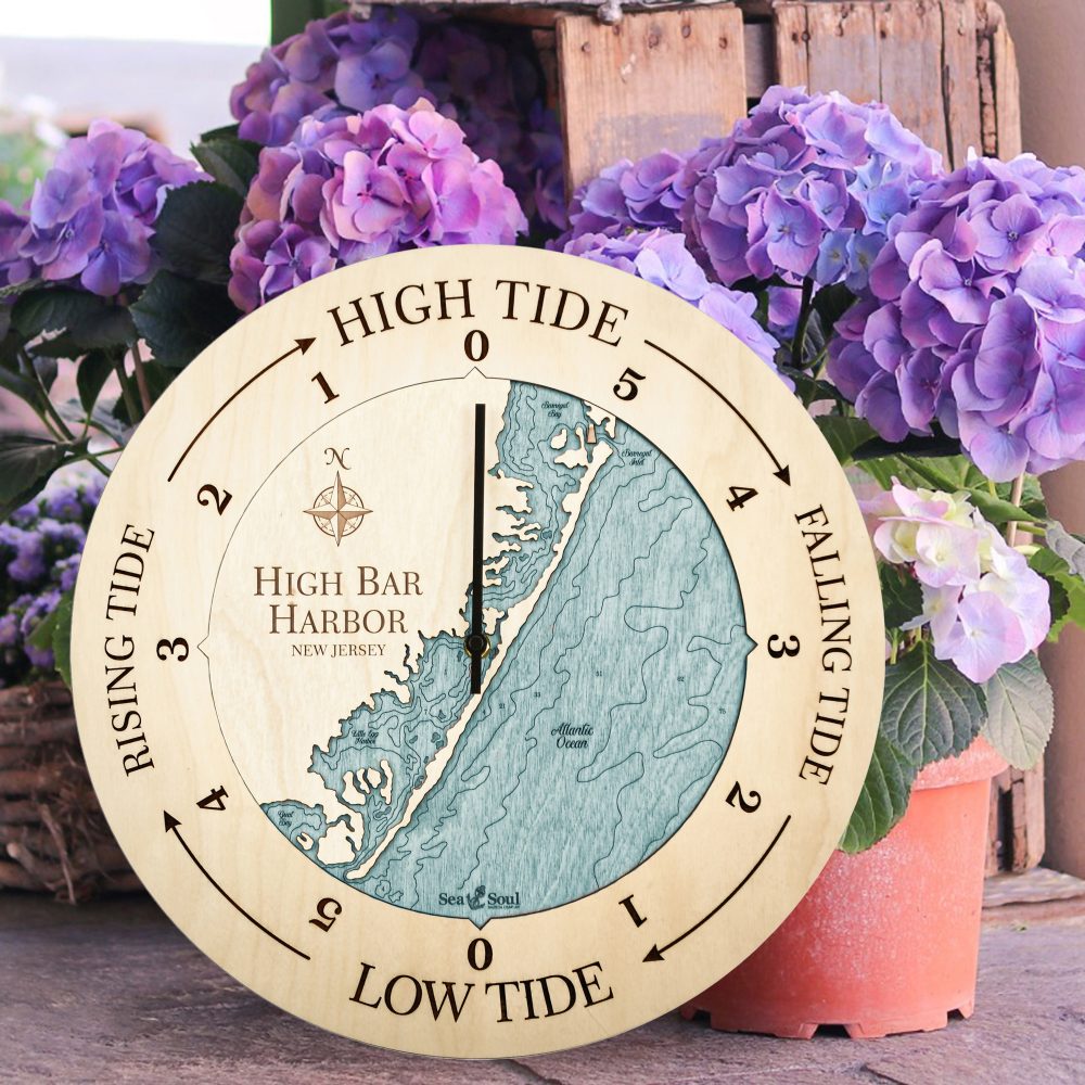 High Bar Harbor Tide Clock Birch Accent with Blue Green Water Sitting on Ground by Flower Pots